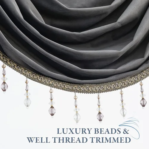 Vista 2 de StangH Cenefa de cortina de terciopelo grueso para ventana, cenefa de ventana de cascada gris con cuentas de lujo para sala de estar/cocina, 39
