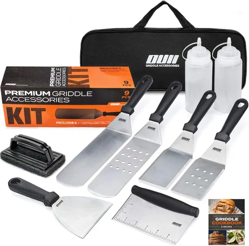 Accesorios de plancha plana para parrilla Blackstone y Camp Chef - Juego de 9 piezas con kit de limpieza de plancha y bolsa de transporte. Espátula
