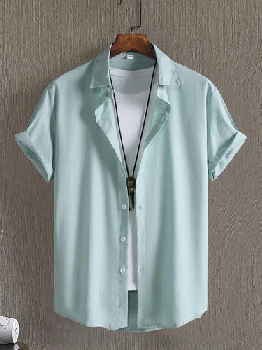 Vista 5 de OYOANGLE Camisa de manga corta con botones para hombre, ajuste regular, para trabajo, casual, color liso