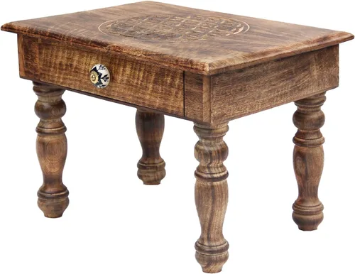 Vista 12 de DharmaObjects Mesa de meditación de altar del santuario de Puja tallada a mano de madera maciza de mango (flor de vida)