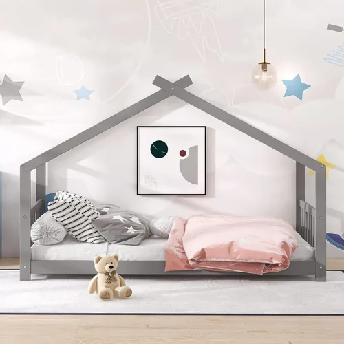 Vista 27 de Harper & Bright Designs Cama matrimonial para niños, cama de madera con cabecera y estribo, base de cama matrimonial para niños pequeños, cuna