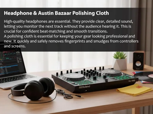 Vista 5 de Roland DJ-202 Paquete de controlador DJ con funda, auriculares y paño de pulido de Austin Bazaar