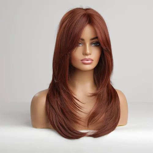 Vista 3 de BASHA Peluca sintética de aspecto natural y lacio color rojo miel caoba para mujeres, mujeres y niñas, parte media con flequillo de 25 pulgadas