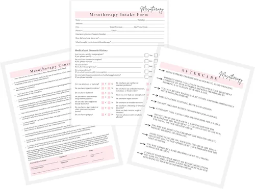 Formulario de ingesta de mesoterapia, consentimiento y cuidado posterior | Paquete de 75 | Formularios A1 de 8.5 x 11 pulgadas | Firma de clientes |