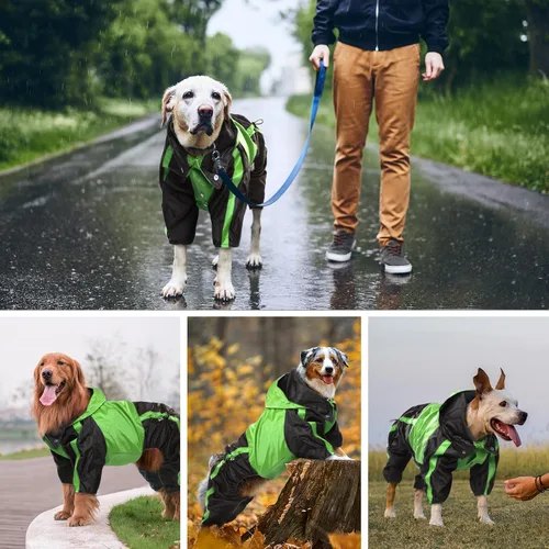 Vista 6 de Chubasquero para perros, chaqueta ligera de lluvia, poncho ajustable de 4 patas para mascotas con capucha, chaleco impermeable a la nieve, ropa