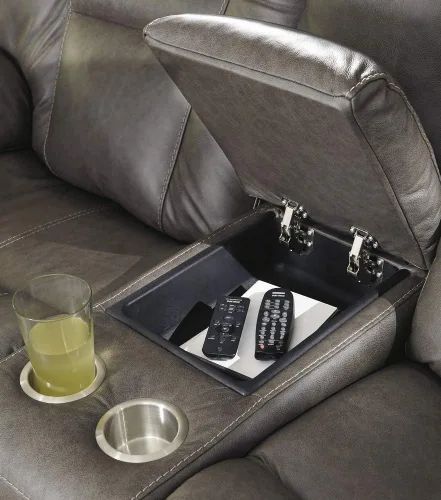 Vista 7 de Signature Design by Ashley Wurstrow - Sofá biplaza reclinable de cuero ajustable de doble cara con consola y carga USB, color gris oscuro