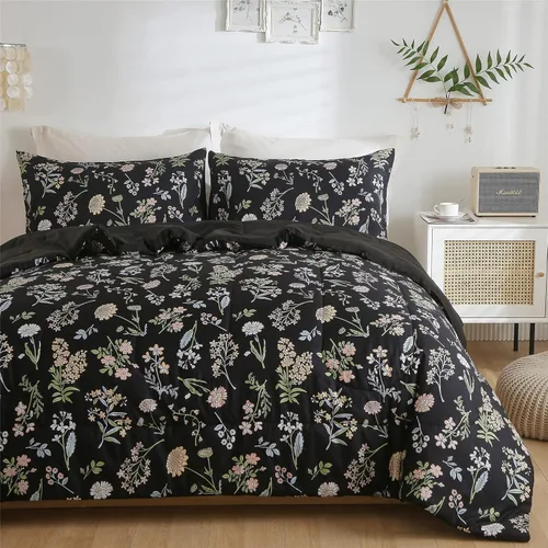 Juego de edredón floral tamaño Twin, edredón negro estampado de hojas de flores botánicas amarillas y verdes para niños, adolescentes y mujeres,