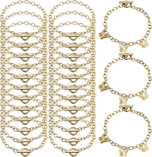 Hicarer 24 Piezas de Cadenas de Pulsera a Granel con Cierre de Palanca OT, Cadenas de Eslabones de Aleación para Hacer Joyería DIY, Pulseras para Oro