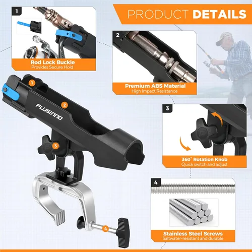Vista 3 de PLUSINNO Soporte para Cañas de Pesca para Barco Abrazadera de Apertura Grande Ajustable 360 Grados Soportes para Cañas de Pescar Soporte Plegable