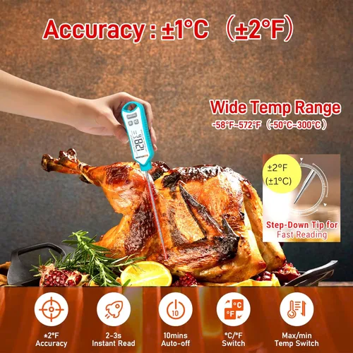 Vista 5 de Termómetro digital de carne, termómetro de lectura instantánea para alimentos, temporizador de cocina impermeable antideslizante y termómetro