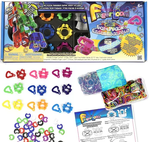 Rainbow Loom® Paquete de fiesta de telar de dedos, cuenta con 9 telares de dedos de colores y 1200 bandas que brillan en la oscuridad, actividades