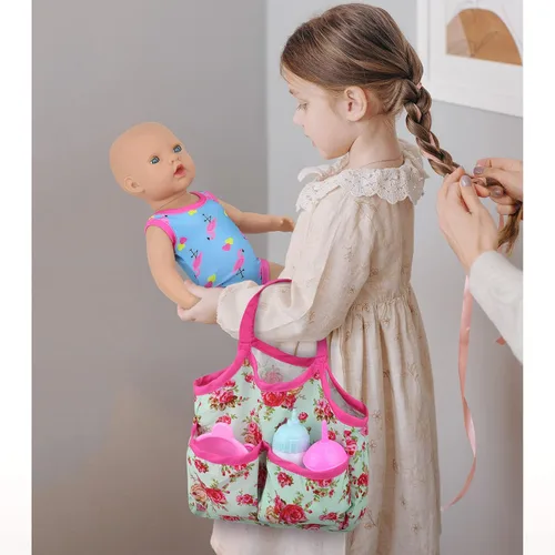 Vista 7 de UNICORN ELEMENT 8 piezas de ropa y accesorios para muñecas de bebé, juego de alimentación y cuidado con bolsa de pañales para muñecas, ropa