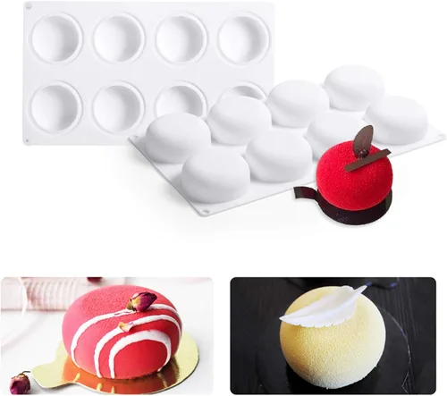 Vista 4 de Molde de silicona para tartas para hornear, 8 agujeros de piedra 3D de forma redonda de silicona, forma de mousse de silicona, bandeja antiadherente