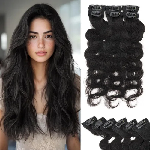 Vista 22 de Rich Choices Extensiones de cabello humano real con clip de 6 piezas, diseño de clip único, extensiones invisibles con clip para cabello corto