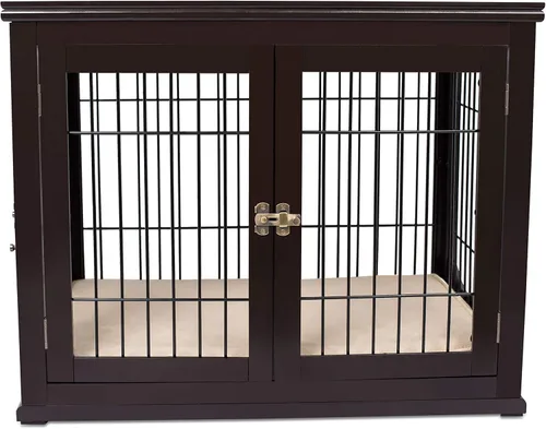 Vista 7 de La mejor perrera decorativa para perros de Internet con cama para mascotas, doble puerta, casa de perro de alambre de madera, mesa auxiliar grande