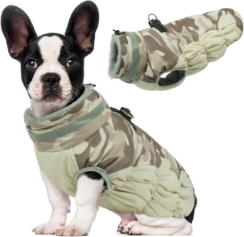 Vista 7 de Lelepet Abrigo para perro con arnés impermeable para perro, cuello alto reflectante y ajustable, chaleco de forro polar cálido para invierno, Verde