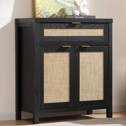 SICOTAS - Armario de almacenamiento tipo aparador, de ratán, decorativo, con puertas y cajón, moderno, para mesa tipo cómoda, consola, barra de