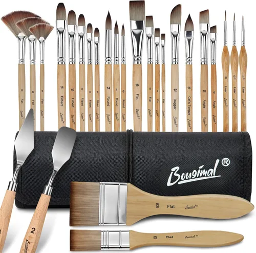 Vista 7 de Bougimal 26pcs Paint Brush Set, Professional Acrylic Paint Brushes with Flat, Filbert, Fan, Dagger, Cat Tongue, Round, Palette Knife, Artist Paint