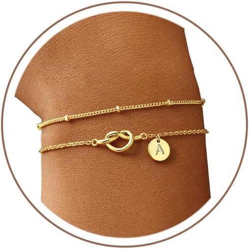 Vista 16 de M MOOHAM Regalos de San Valentín para mujeres, niños, delicada pulsera chapada en oro de 14 quilates con nudo en forma de corazón y letra A-Z