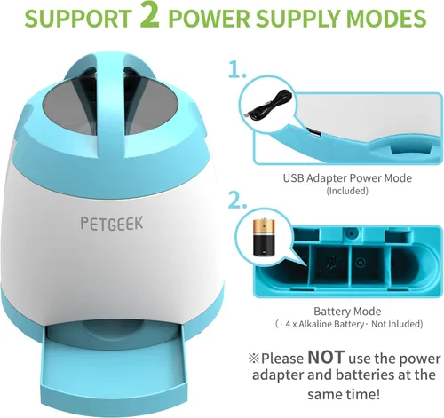 Vista 3 de PETGEEK Dispensador de golosinas para perros con botón, alimentador automático para perros con control remoto y doble fuente de alimentación, Azul