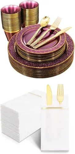 Nervure 150 platos de plástico morado transparente, 100 servilletas de papel blanco y dorado incluyen: 25 platos de cena, 25 platos de postre, 25