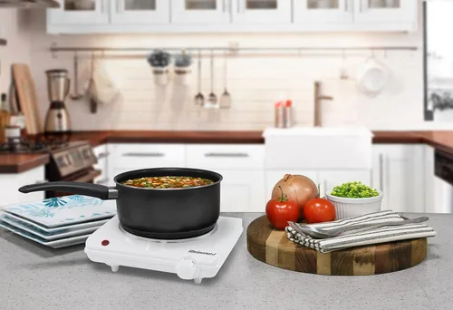 Vista 7 de Elite Cuisine ESB-301BF Maxi-Matic Anafe con quemador eléctrico para un solo buffet de 1000 vatios, color negro, Blanco