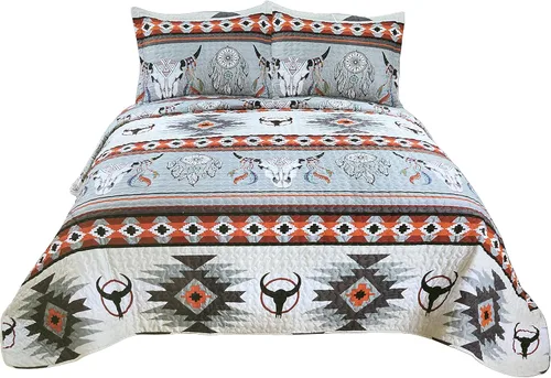 Vista 4 de Western Peak Bull Skull Native Tribal Feather Artesanal Southwestern Boho Design Juego de ropa de cama con almohadas (juego de 5 piezas, King)