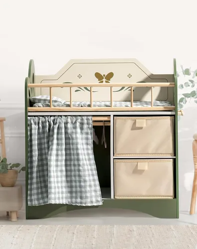 Vista 8 de ROBOTIME Cuna de muñeca de bebé, cama de madera para muñecas, cuna de bebé de juguete con almacenamiento, ropa de cama y ganchos de madera, cuna