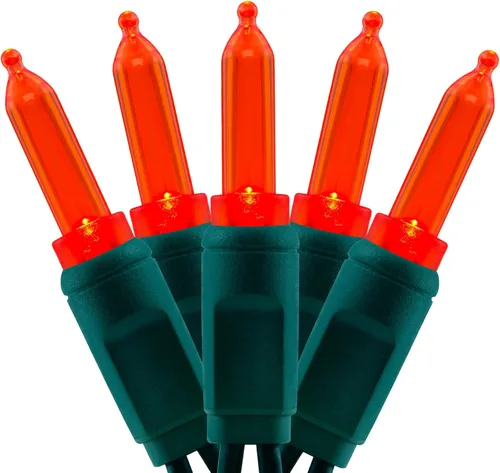 Vista 8 de YULETIME 100 luces LED T5 de Navidad naranjas de una pieza, 33 pies de alto, impermeables, con certificación UL, cable verde (naranja)