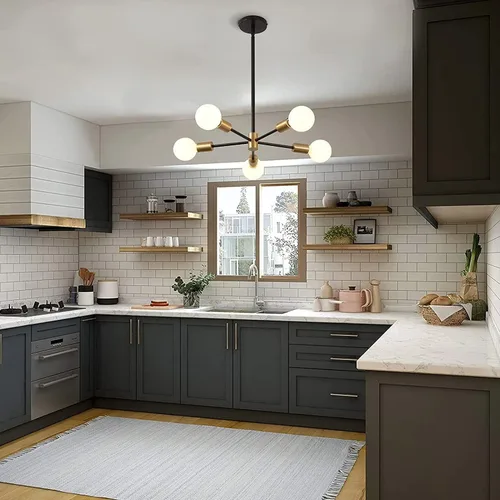 Vista 5 de Candelabro Sputnik MOUFIER, lámpara de techo en negro y dorado, altura ajustable, E27, iluminación moderna de techo, lámpara para sala de estar, 5