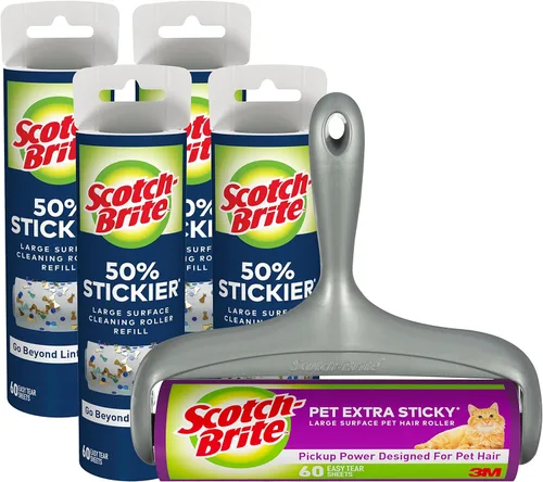 Scotch-Brite Rodillo de superficie grande extra pegajoso para mascotas, diseñado para el pelo de mascotas (60 hojas) + Scotch-Brite 50% más pegajoso