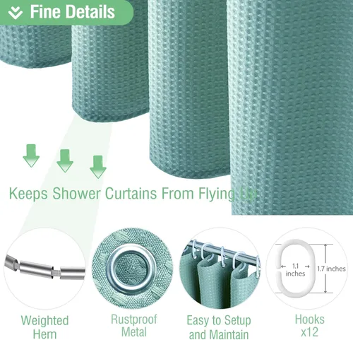 Vista 190 de Cortina de ducha de tela Dynamene verde oscuro - Cortinas de baño de tela de nido de abeja texturizadas resistentes, juego de cortinas de baño