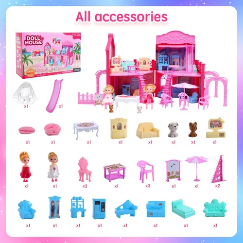 Vista 3 de Casa de muñecas, con 4 habitaciones, 2 muñecas, accesorios de muebles de juguete, área de juego para mascotas, tobogán, conjunto de casa de muñecas