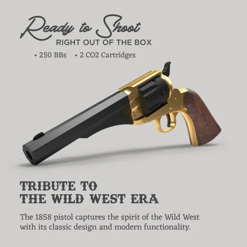 Vista 3 de Kit de pistola CO2 dorado 1858 con 2 cartuchos de CO2 250 BBS (1858s)