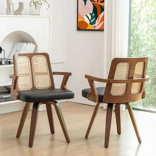 Vista 15 de Sillas de comedor de nogal – Sillas de comedor giratorias de ratán con marco de madera curvada con respaldo ergonómico de bastón, brazos curvos