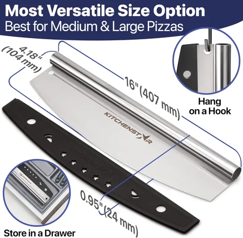 Vista 4 de KitchenStar Cortador de pizza de 16 pulgadas con hoja balancín - Cuchillo de acero inoxidable afilado, cubierta protectora, apto para lavavajillas