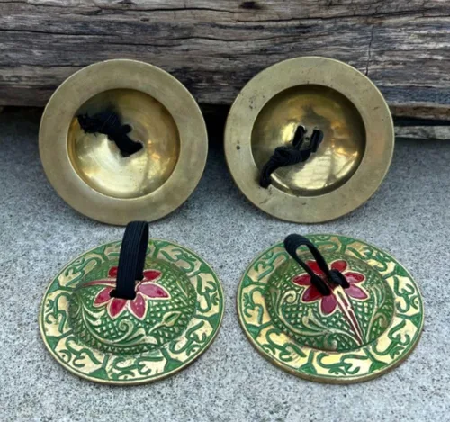 Vista 3 de 2 pares OM Pro Latón Dedos Platillos Zills Belly Dancing Free Bolsa de seda (verde)