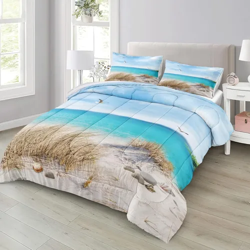 Vista 2 de MOVE OVER Juego de edredón azul océano, juego de ropa de cama costera tamaño King, juego de edredón de 3 piezas con temática de playa, gaviota