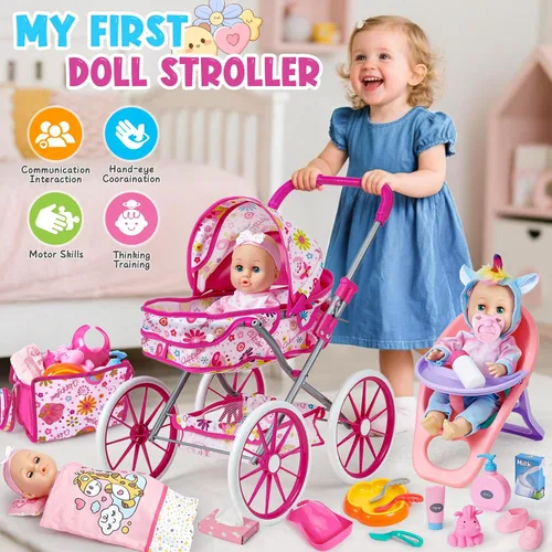 Vista 6 de Golray - Juego de juguetes babydoll de 12 pulgadas con cochecito para niñas de 3, 4, 5, 6 años, 26 piezas, babydoll con accesorios, almohada, silla