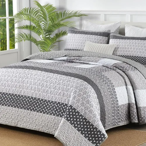 Vista 17 de WONGS BEDDING Juego de edredón Boho tamaño Queen, juegos de colcha a rayas bohemio de 3 piezas, juego de ropa de cama acolchada en verde caqui