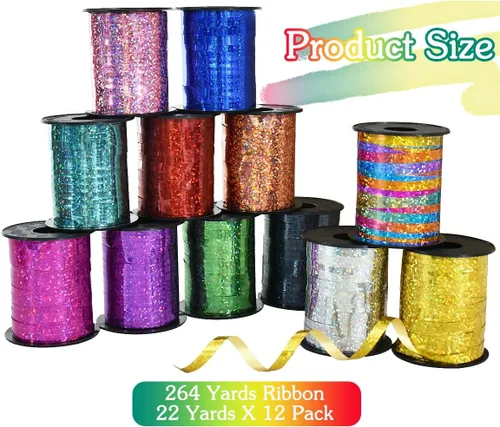 Vista 2 de BEISHIDA Juego de cintas rizadas de 12 colores surtidos, cuerdas de globos de arcoíris, 1/5 pulgadas de grosor, 264 yardas para envolver regalos