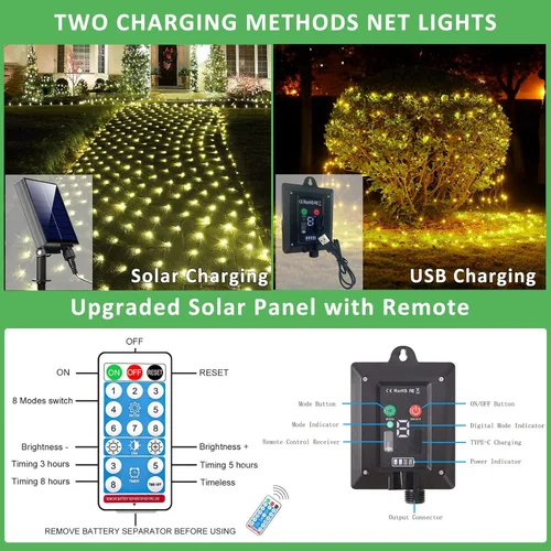 Vista 5 de Luces de Red Solares para Exteriores, 240 LED USB Luces de Malla Blanco Cálido para Arbustos Impermeables, 11.5 pies x 5 pies 8 Modos Luz de Cadena