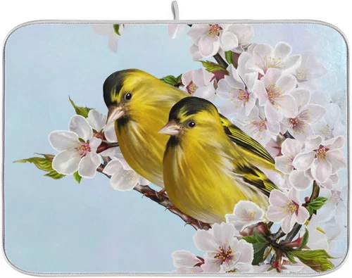 Tapete de secado de platos con diseño de flor de durazno y pájaro para encimera de cocina, almohadilla de secado de microfibra, tapetes escurridor