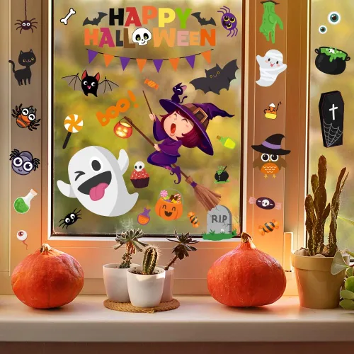 Vista 5 de 6 hojas de calcomanías de Halloween para ventana, calcomanías de Halloween para ventana, decoración de ventana de Halloween para niños, calcomanías