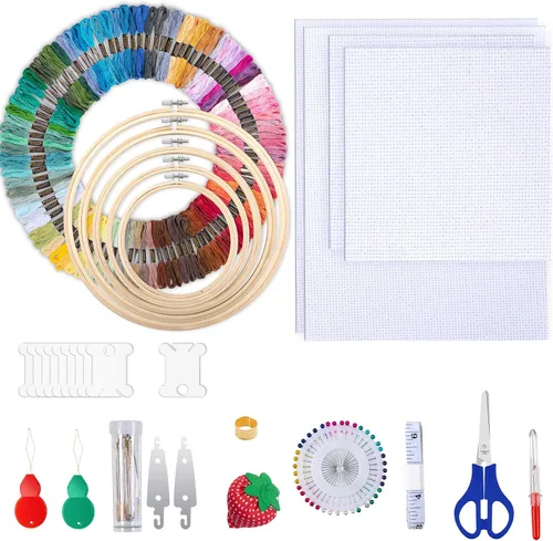 Vista 2 de LoDrid Kit de bordado, bolsa de almacenamiento redonda de doble capa con kit completo de herramientas de punto de cruz, kits de iniciación