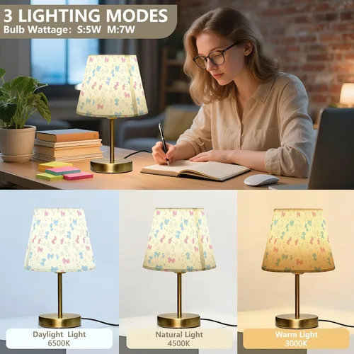 Vista 3 de Pastel Pink Blue Table Lamp for Bedroom, 3-Color Dimmable Light Desk lamp with Fabric Shade, Antique Bronze Base, Bedside Lamp for Nightstand, Office