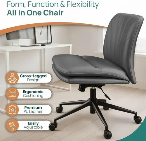 Vista 7 de NYPOT Silla de escritorio sin brazos con ruedas para sentarse entrecruzada, silla sin brazos anchos con patas cruzadas, taburete giratorio ajustable