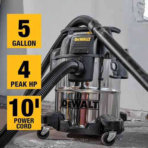 Vista 3 de DEWALT DXV05S - Aspiradora húmeda/seca de 5 galones, acero inoxidable, 4 HP máximo, aspiradoras de vacío con accesorios, succión potente, manguera