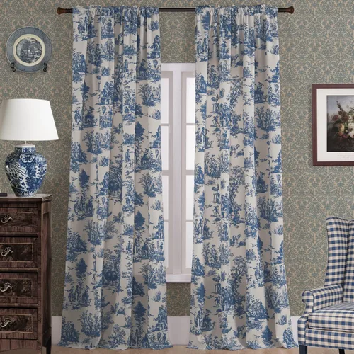Cortinas y cortinajes para ventana azules con diseño toile para sala de estar de 84 pulgadas de largo, juego de 2 paneles largos, transparentes, de