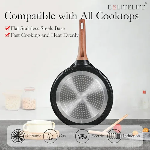 Vista 3 de ESLITE LIFE Sartén para Crepas de 11 Pulgadas con Esparcidor, Sartén Antiadherente con Revestimiento de Granito Dosa, Sartén Roti Tawa Comal Para